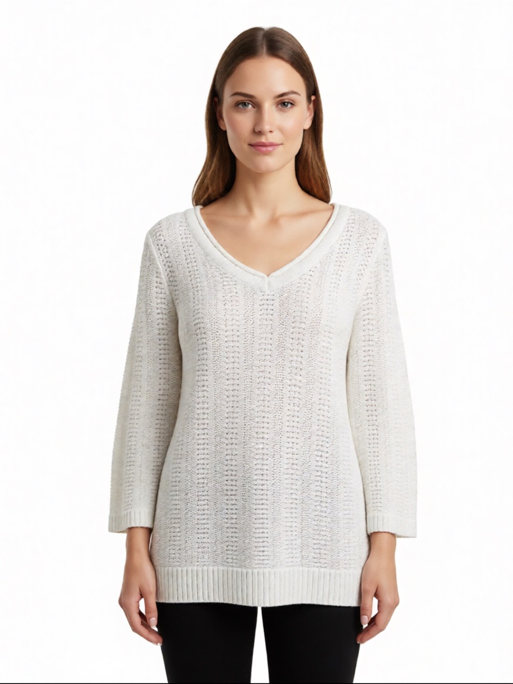 Christopher & Banks Cream V-Neck Open-Knit Sweater